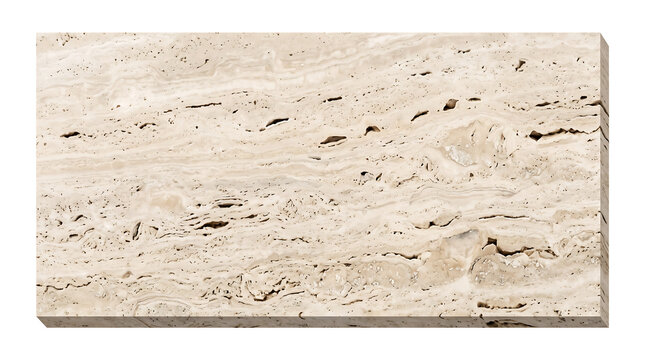 Ivory travertine stone slab with natural veining and porous texture on a white background tile