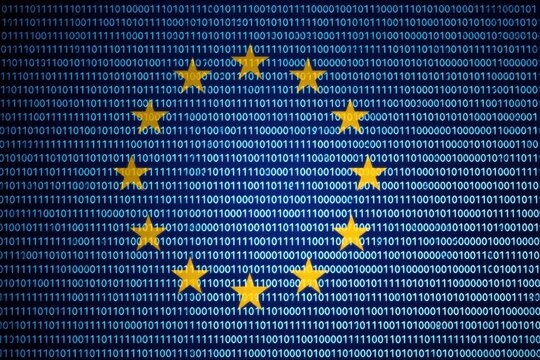 European Union flag golden stars over blue binary code digital screen background. Computer tech concept displays internet cybersecurity data protection plus GDPR privacy regulation compliance. Secure