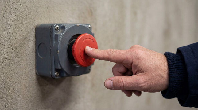 Man pressing red emergency stop button on industrial wall. Security system mechanism for equipment shutdown. Safety control device for danger prevention and hazardous operation halting.