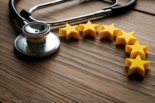 Medical stethoscope lies on dark wooden table with five yellow stars. Health pro service rating concept. Patient gives feedback about hospital treatment. Excellent clinic care quality result. Doctors