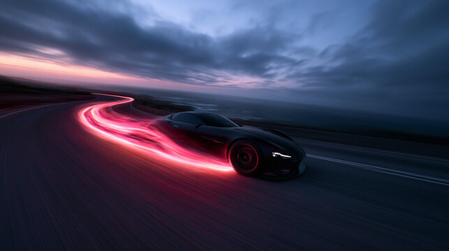 Sports Car Speeding on Coastal Highway with Light Trails