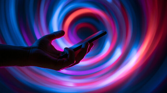 Hand Holding Smartphone Against Neon Spiral Background