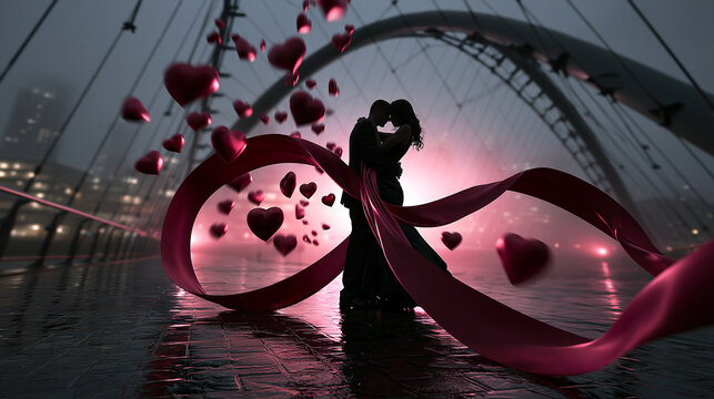 Romantic Couple Silhouette Embracing on Bridge with Floating Hearts