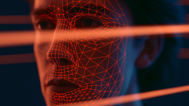 Biometric Facial Recognition Scan on Man Face with Red Mesh