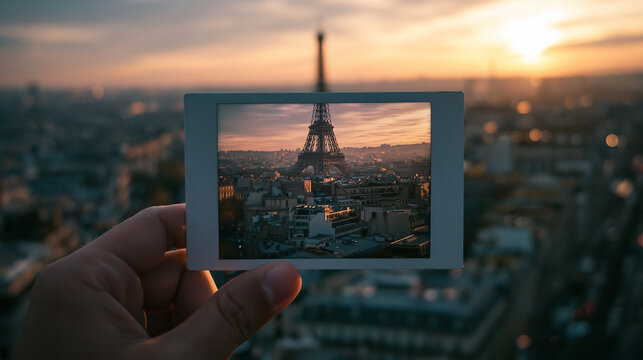Hand Holding Instant Photo Aligned with Eiffel Tower at Sunset