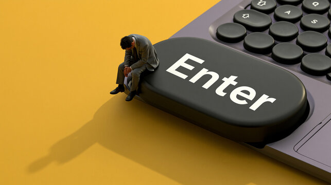 Miniature Businessman Sitting Stressed on Computer Enter Key