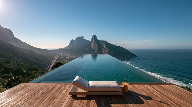 Luxury Infinity Pool Overlooking Ocean and Mountain Coastal Landscape