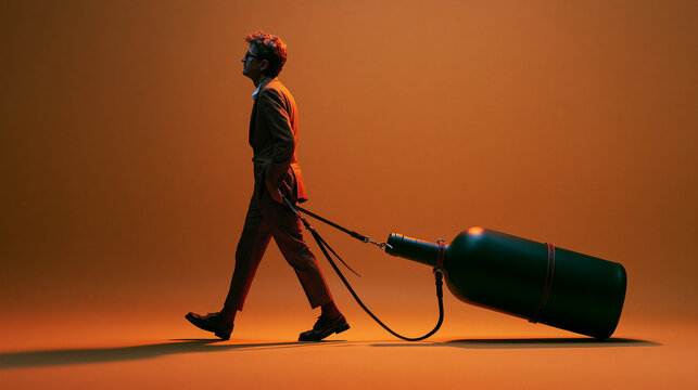 Man in Suit Pulling Giant Wine Bottle on Leash