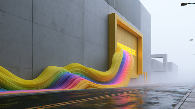 Vibrant Rainbow Stream Flowing Out of Modern Concrete Building