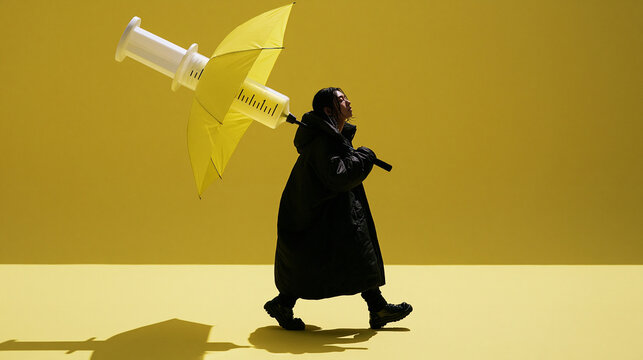 Person Holding Syringe Umbrella Concept for Vaccine Protection