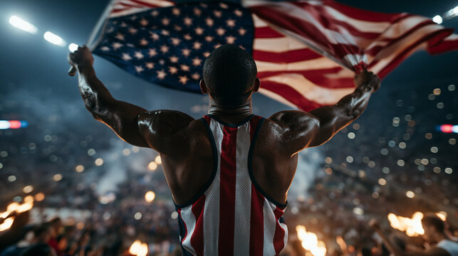 American Athlete Celebrating Victory Holding USA Flag in Stadium