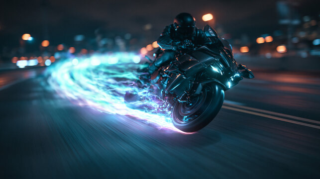 Futuristic Motorcycle Speeding on Highway at Night with Glowing Light Trail