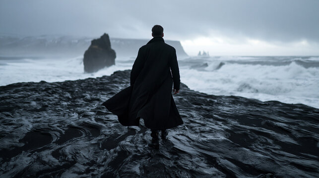 Man in Coat Standing on Stormy Black Sand Coast in Iceland