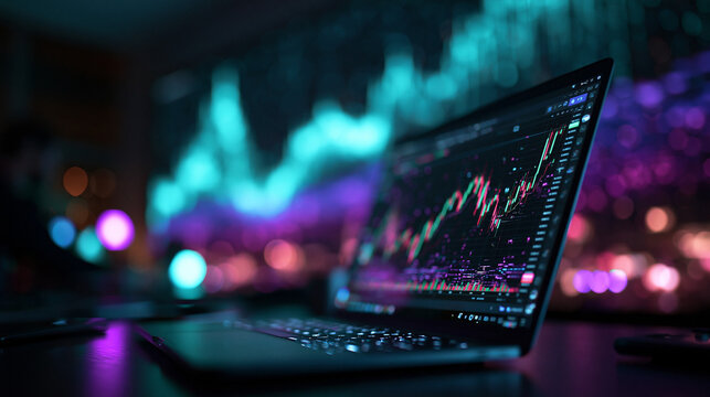 Laptop Displaying Stock Market Trading Charts and Financial Data