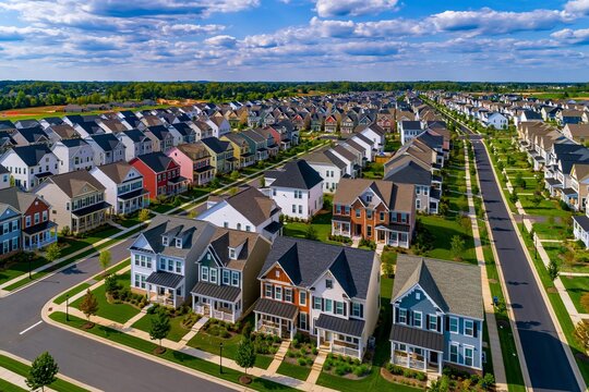 Aerial view of a modern suburban neighborhood with colorful houses on a sunny day