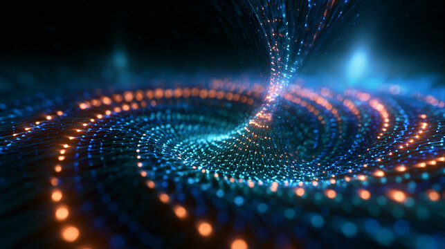 Futuristic Digital Data Vortex with Glowing Particles and Light Trails