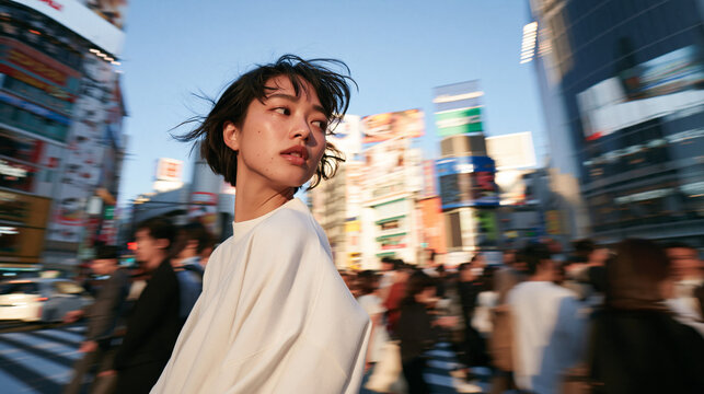 Thoughtful Young Japanese Woman Walking Through Busy Shibuya Crossing