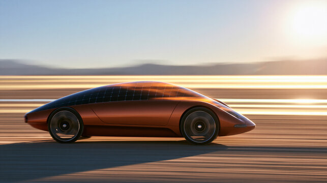 Futuristic Solar Powered Electric Concept Car Driving in Desert
