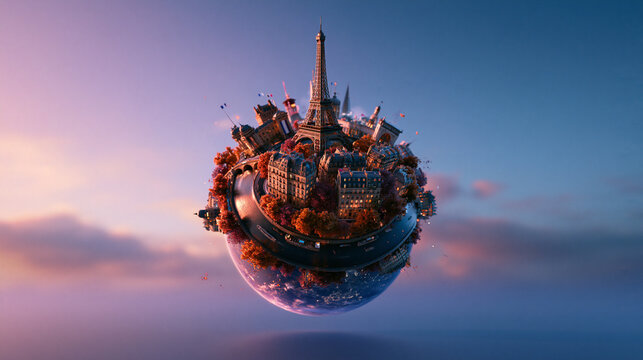 Paris Cityscape and Eiffel Tower Mini Planet Concept at Sunset