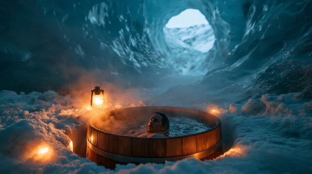 Man Relaxing in Steaming Hot Tub inside Ice Cave
