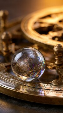 Shiny glass sphere reflecting light placed on antique brass astrolabe instrument with intricate details and warm golden tones for vintage decor
