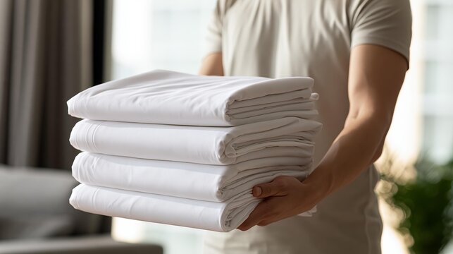 Person holding a neat stack of white folded bed sheets