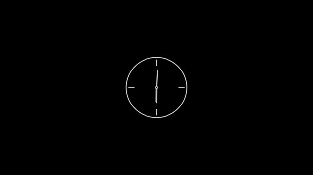 Animated black clock icon featuring rotating arrows in a 12-hour cycle, stopwatch Animation. White clock icon isolated on black background. Line analog clock icon animation.