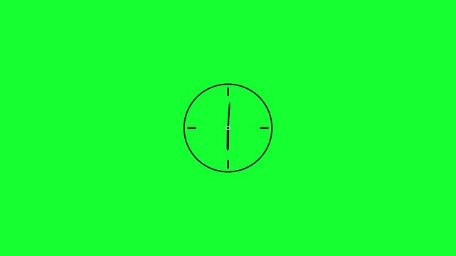 Wall clock green screen animation. clock time passing. Seamless motion animated footage, green background, time concept. Animated black clock icon featuring rotating arrows in a 12-hour cycle.