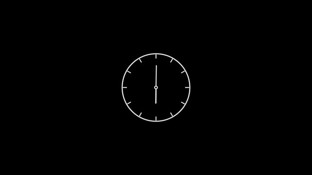 Animated black clock icon featuring rotating arrows in a 12-hour cycle, stopwatch Animation. White clock icon isolated on black background. Line analog clock icon animation.