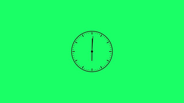 Wall clock green screen animation. clock time passing. Seamless motion animated footage, green background, time concept. Animated black clock icon featuring rotating arrows in a 12-hour cycle.
