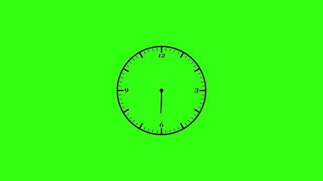 Wall clock green screen animation. clock time passing. Seamless motion animated footage, green background, time concept. Animated black clock icon featuring rotating arrows in a 12-hour cycle.
