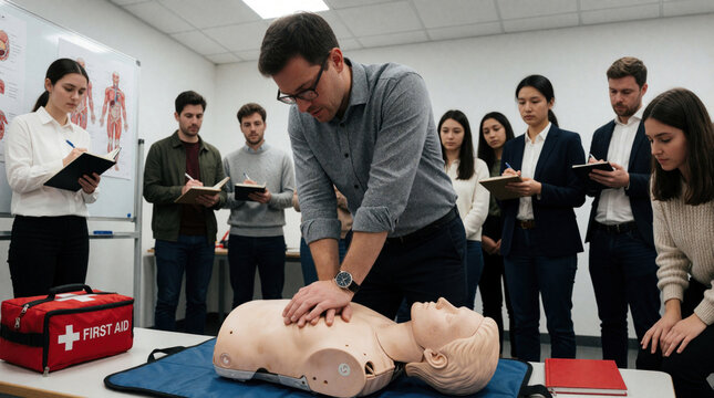 Instructor shows CPR technique on medical manikin for group of students. People attend first aid training class in office room. Learners take notes during health safety workshop. Teacher demonstrates