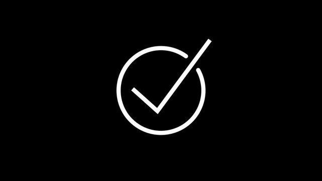 Animated reveal of a white checkmark icon. tik mark icon animation. black background check mark 4k video.