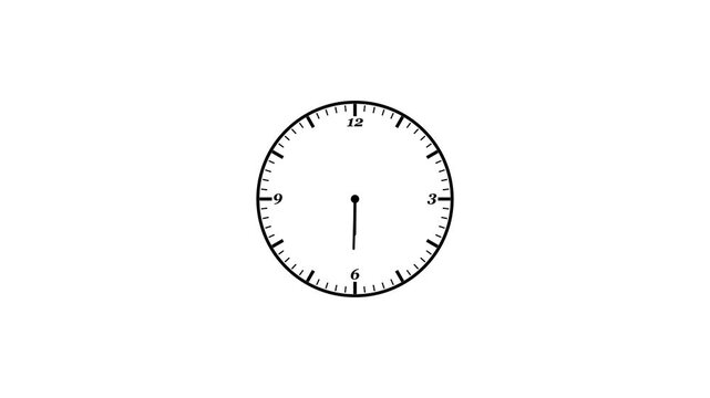 Animated black clock icon featuring rotating arrows in a 12-hour cycle, stopwatch Animation . Black clock icon isolated on white background. Line analog clock icon animation. Seamless loop