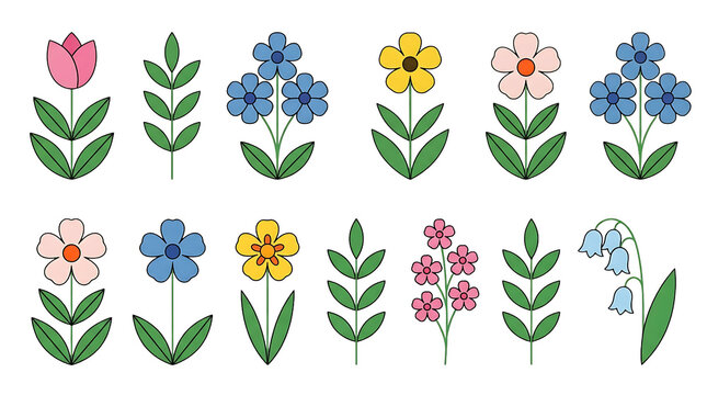 Set of colorful hand drawn floral elements featuring various blooming flowers and green leafy branches