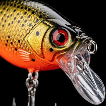Artificial fish bait lure with red eyes and gold scales is ready for deep water fishing. Crankbait wobbler with sharp treble hooks and clear lip attracts predatory fish.