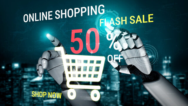 Futuristic Digital Marketing Concept Showcasing Online Shopping, Flash Sale and Discount Offer with Robotic Hands Interacting with Shopping Cart. Sentient.