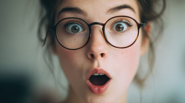 Woman with wide eyes and glasses expressing surprise and shock against a blurred neutral background in a natural candid moment