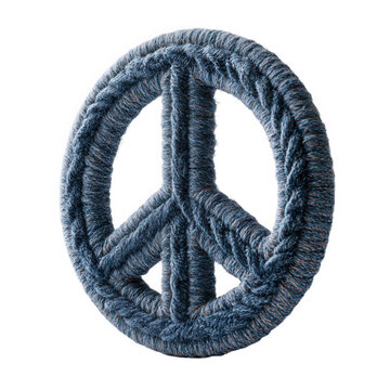 Peace sign symbol made of blue knitted yarn isolated on transparent background