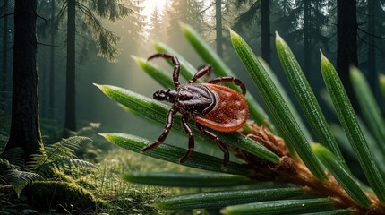 Obraz premium Macro view of tick crawling on pine needles in forest. Small parasitic arachnid sits on green plant outdoors. Insect poses danger as of Lyme disease. Warning for hiking travel, public health safety.