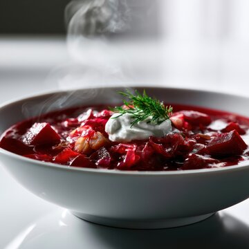 Steaming bowl of hearty beetroot soup garnished with fresh dill and a dollop of creamy sour cream on a white surface with soft natural light