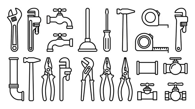 Plumber and handyman repair tool outline icons
