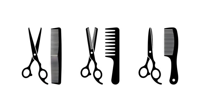 Professional hairdresser scissors and hair comb icon set.