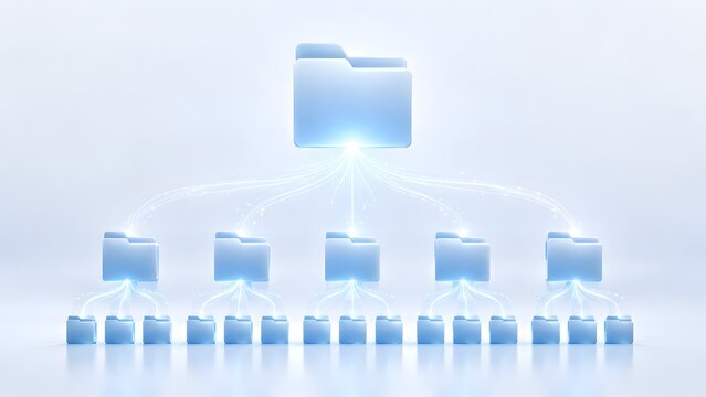 Hierarchical file organization chart showing a master digital folder distributing data to subfolders via glowing fiber optic connections