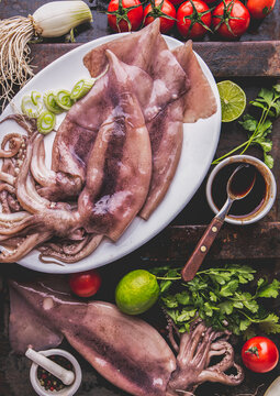 Fresh raw seafood squid or calamary and ingredients on dark background.
