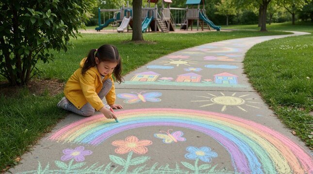 Child draws colorful rainbow sidewalk chalk art in park. Little girl creates outdoor picture near playground grass. Nature, summer fun, imaginative play.