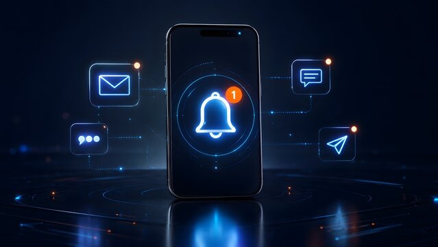 Smartphone displaying a glowing neon notification bell with floating holographic UI icons representing mobile app alerts and push notifications