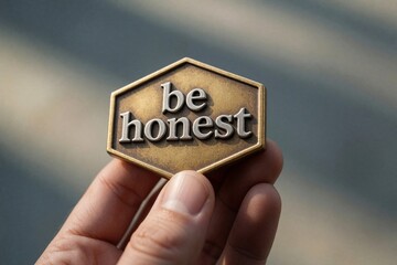 Obraz premium Hand holds golden hexagonal badge with embossed be honest text. This object symbolizes integrity, truthfulness, ethical conduct. It serves as reminder for trustworthy actions, genuine character.