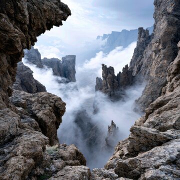 Misty high mountain cliffs with rugged rocky formations rising above clouds creating a mysterious atmospheric landscape at dawn or dusk