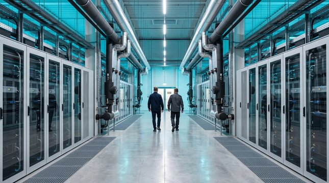 Engineers enter a liquid cooled data hall in Poland